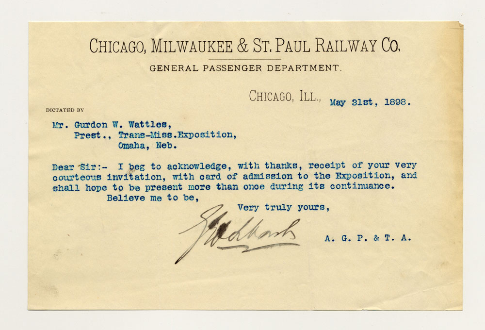Opening Day Invitations; Railroad Officials. 1 sheet previously folded in thirds. Letter.