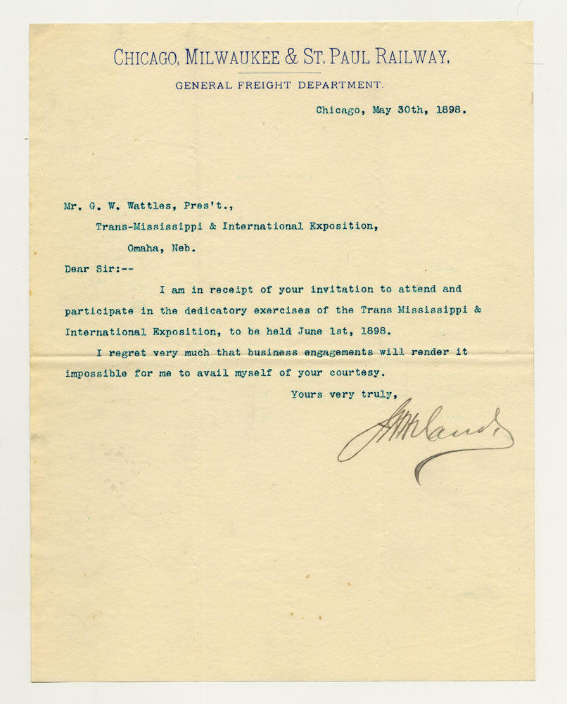 Opening Day Invitations; Railroad Officials. 1 sheet previously folded in sixths. Letter.