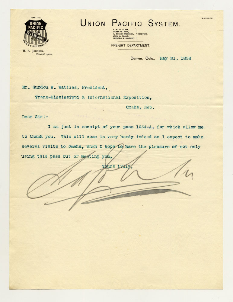 Opening Day Invitations; Railroad Officials. 1 sheet previously folded in thirds. Letter.