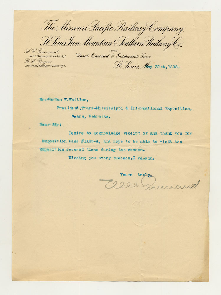Opening Day Invitations; Railroad Officials. 1 sheet previously folded in sixths. Letter.