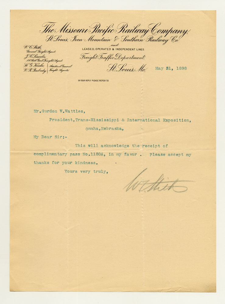 Opening Day Invitations; Railroad Officials. 1 sheet previously folded in sixths. Letter.