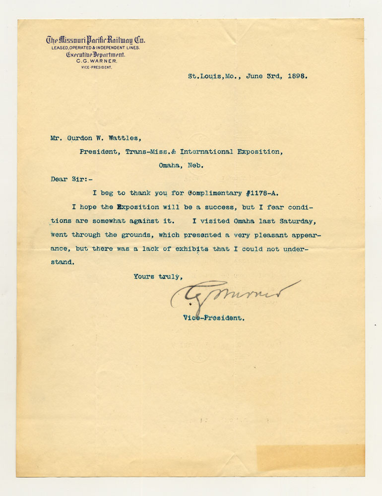Opening Day Invitations; Railroad Officials. 1 sheet previously folded in sixths. Letter.