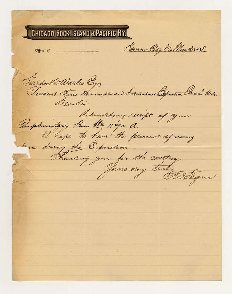 Opening Day Invitations; Railroad Officials. 1 sheet previously folded in sixths. Letter.
