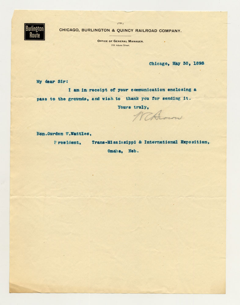 Opening Day Invitations, Railroad Officials. 1 sheet previously folded in thirds. Letter.