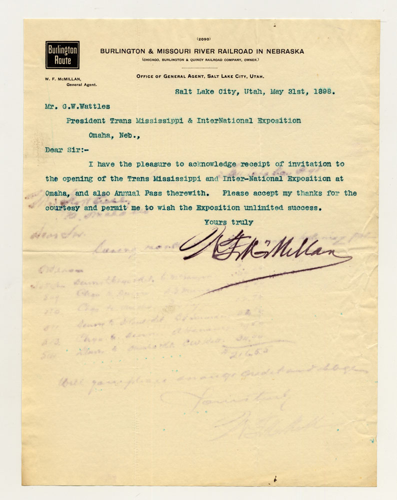 Opening Day Invitations; Railroad Officials. 1 sheet previously folded in sixths. Letter.