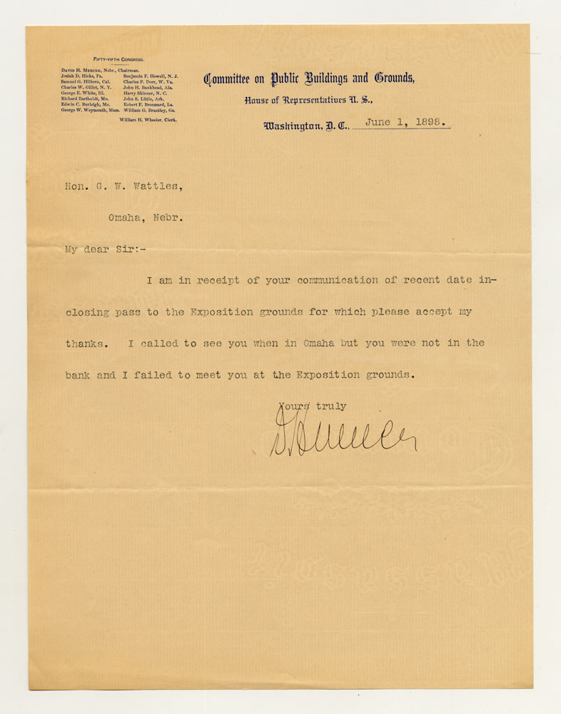 Invitations to Exposition; U. S. Representative - Nebraska. 1 sheet previously folded in thirds. Letter.