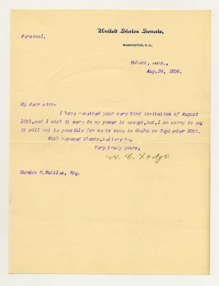Government Day Invitations; U. S. Senator - Massachusetts. 1 sheet previously folded in sixths. Letter.