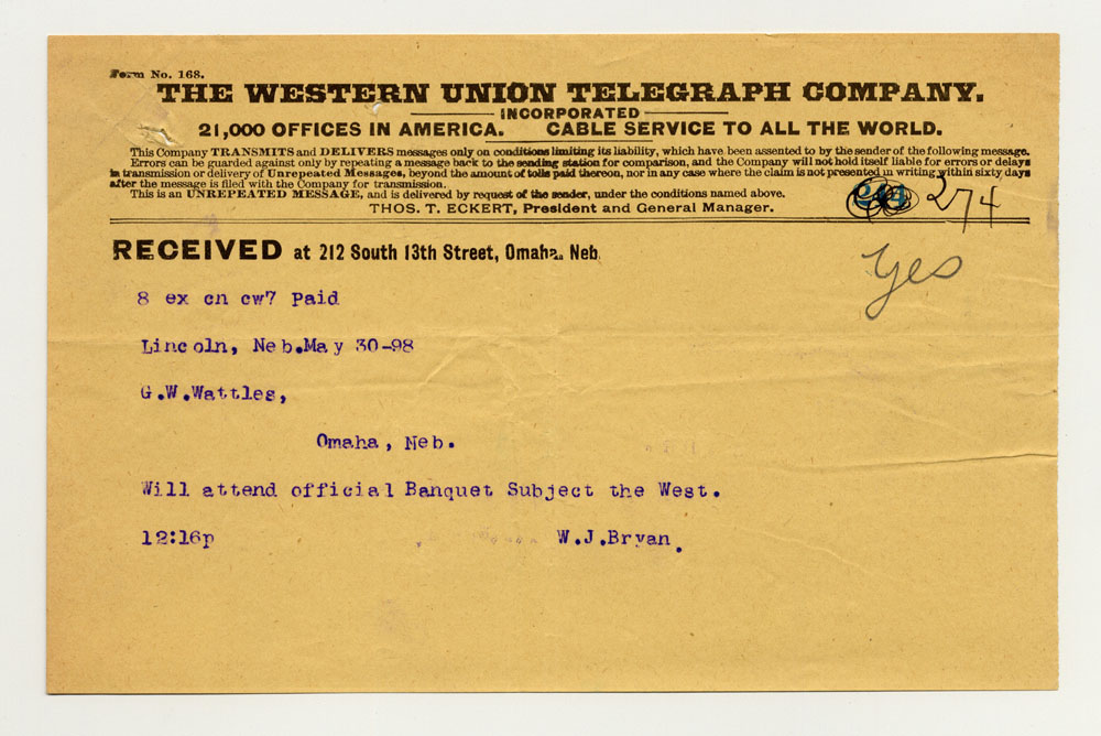 Opening Day Invitations; Official Banquet. 1 sheet previously folded in quarters. Telegram.