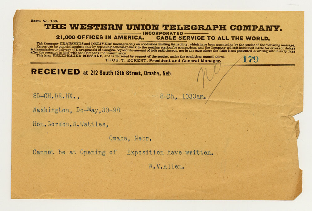Opening Day Invitations; U. S. Senate. 1 sheet previously folded in quarters. Telegram.