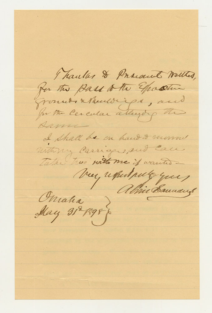 Opening Day Invitations; Vice-President - Trans-Mississippi Exposition. 1 sheet previously folded in thirds. Letter.
