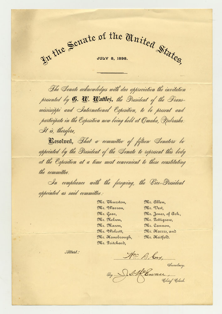 U. S. Senate Certificate of Appreciation. 1 sheet previously folded in quarters.