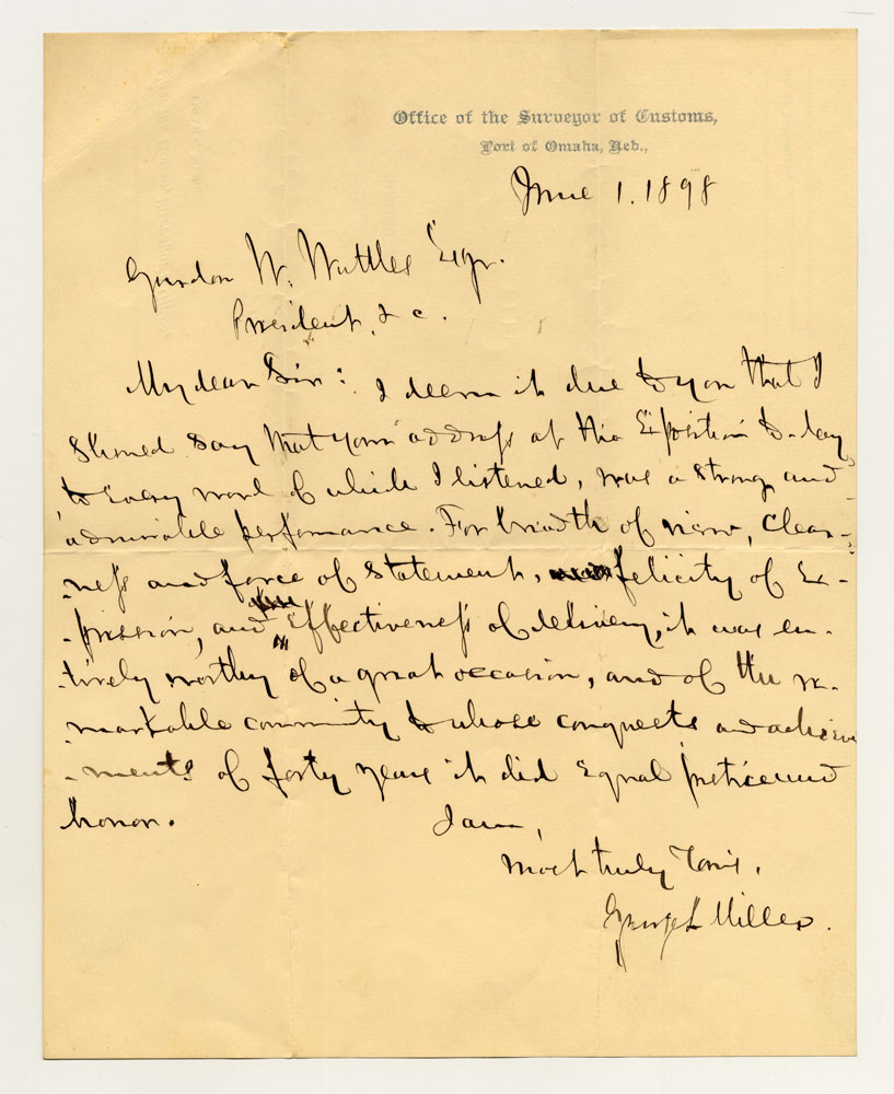Opening Day Address - Comments; Surveyor of Customs. 1 sheet previously folded in sixths. Letter.