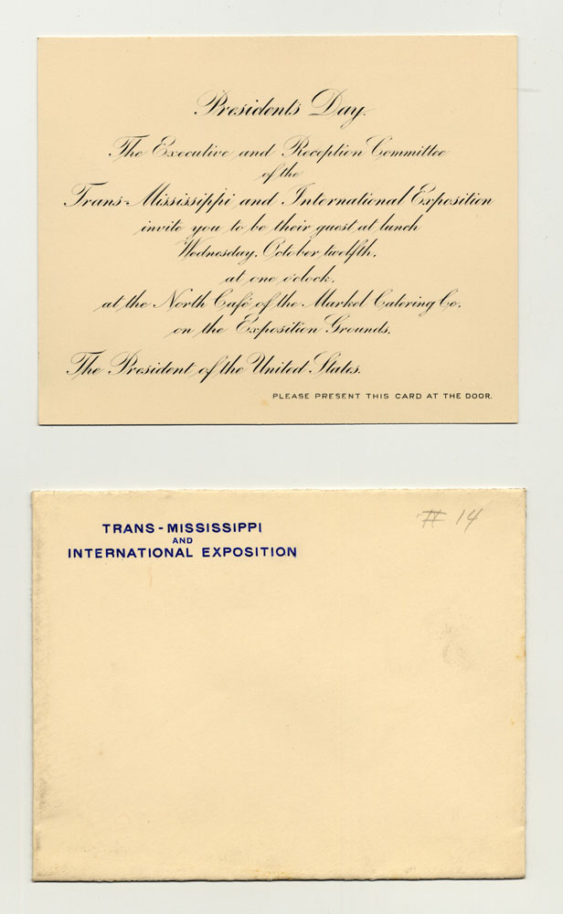 Presidents Day Lunch Invitation to be held at the North Cafe. 1 notecard with envelope. Script printed on white paper in black ink. Envelope printed with blue ink.