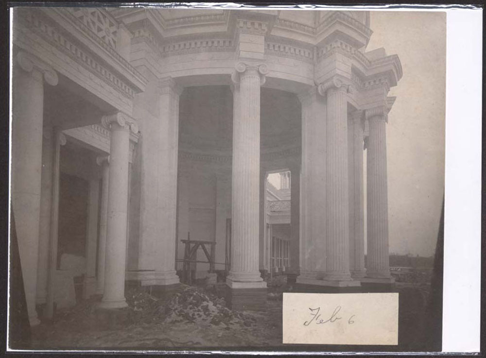 Construction of the Mines and Mining Building. Close up of entrance.